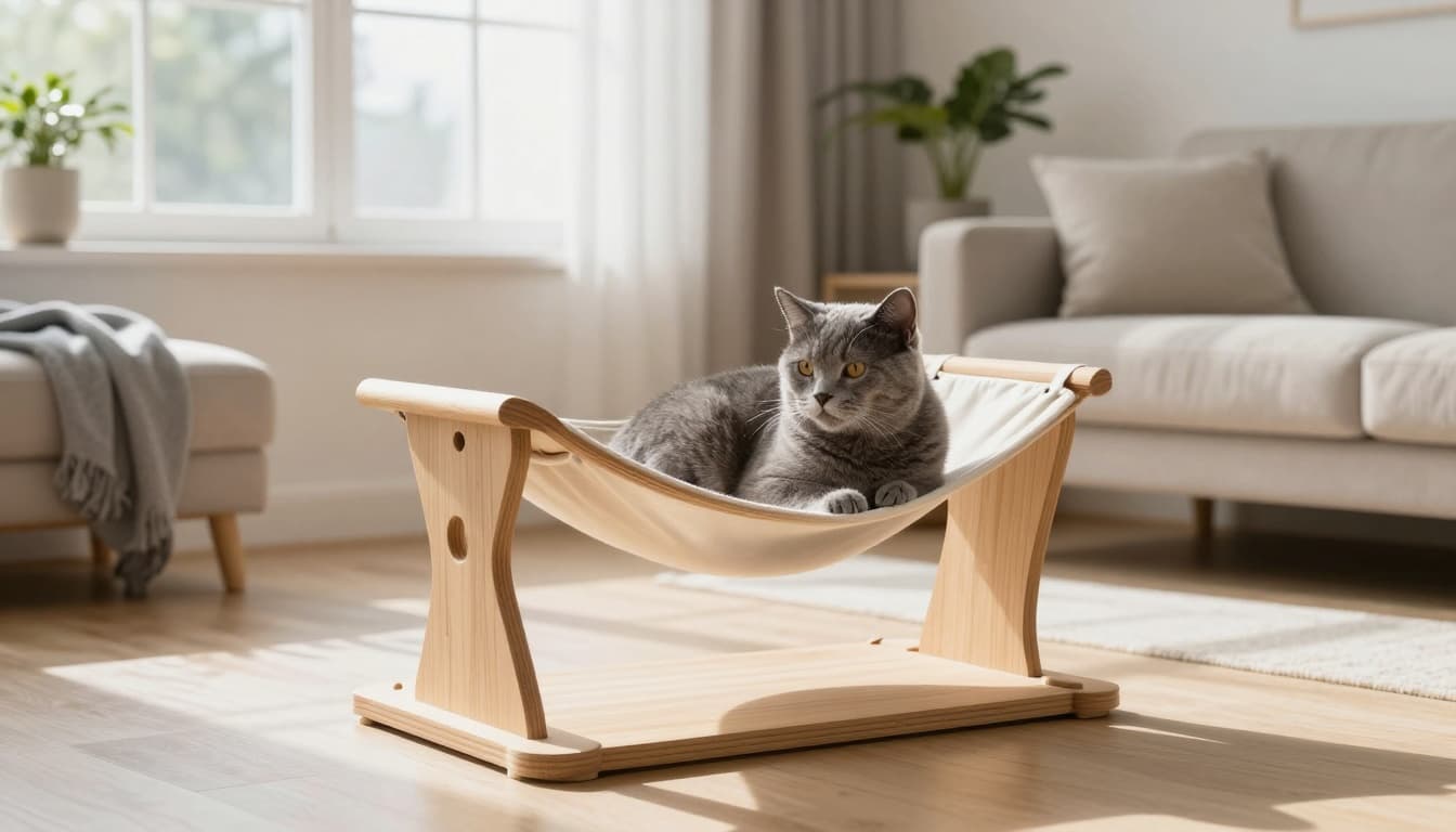 An elegant senior gray cat rests comfortably on a soft hammock of a premium wooden cat tree in a cozy Scandinavian apartment living room with natural light and minimalist decor.