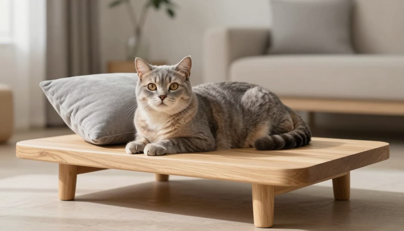A senior gray cat with silky fur rests peacefully on a comfortable platform of a premium solid wood cat tree in a light-filled Scandinavian living room with minimalist decor.
