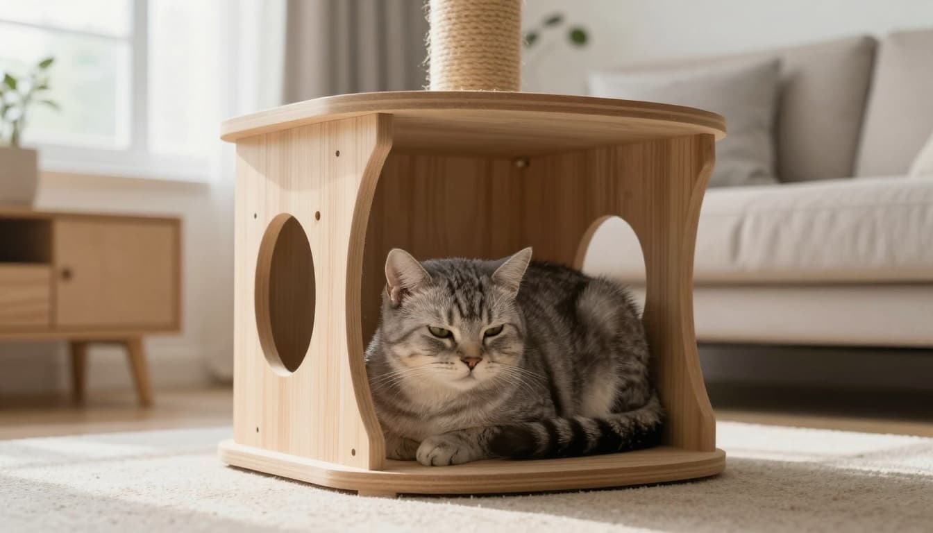 A senior gray tabby cat curls up tightly in a shadowy corner under a wooden cat tree in a modern Scandinavian living room, conveying subtle discomfort amid minimalist decor.