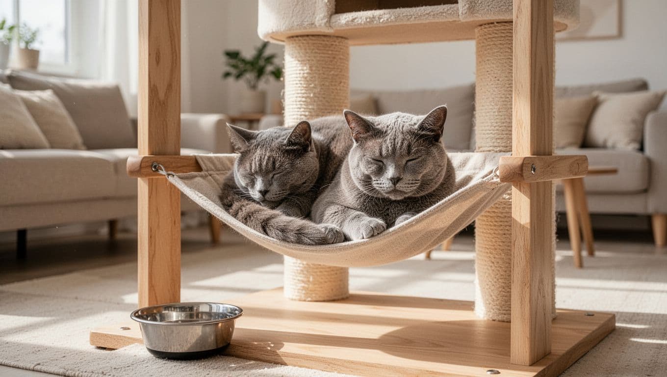 An elderly cat with smooth grey fur rests lethargically on a premium wooden cat tree hammock in a bright minimalist Scandinavian living room with neutral tones and natural light. An untouched water bowl sits nearby on the floor.