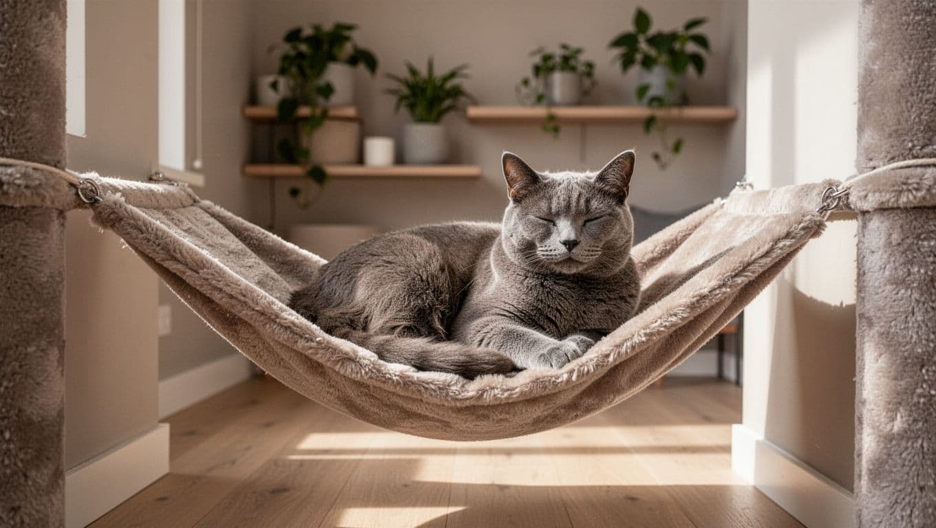 A senior female grey cat rests peacefully on a plush cat hammock in a corner of a modern Scandinavian apartment, paws tucked under in a natural relaxed pose with a serene expression. The sunlit background features light wood floors, neutral beige and grey tones, and minimalist shelves with plants.