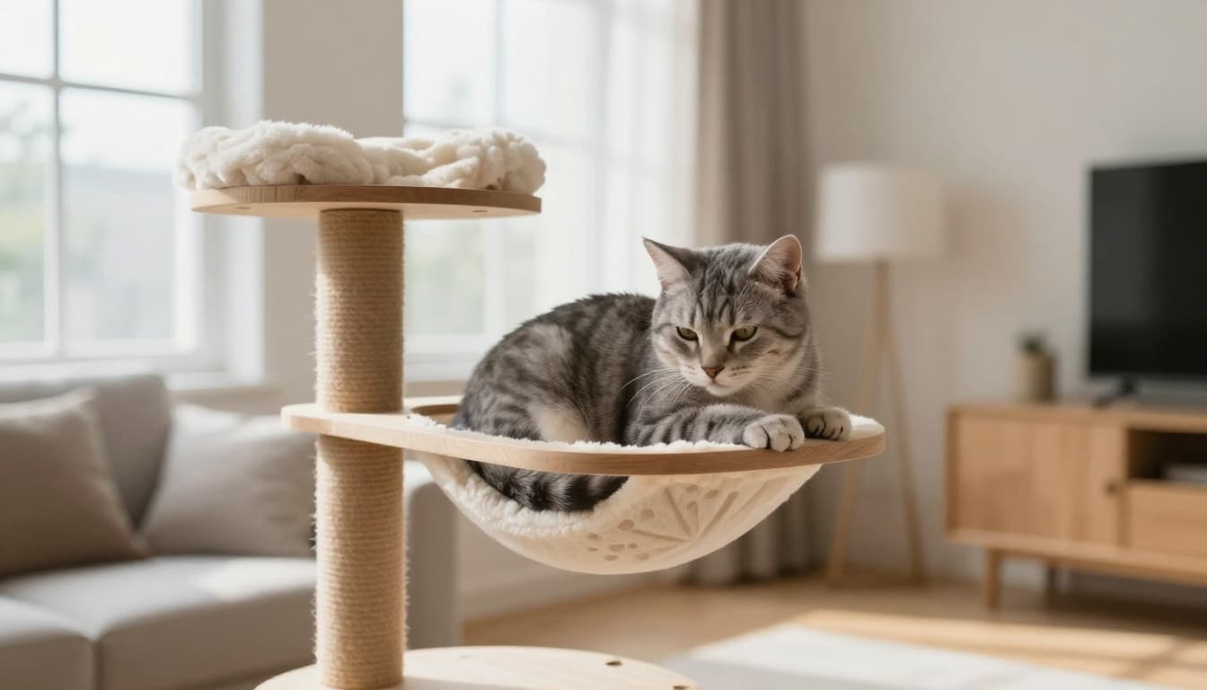 A 14-year-old senior grey tabby cat relaxes contentedly on a premium solid wood cat tree in a bright Scandinavian living room with natural light and minimalist decor. The healthy cat gently grooms itself amid soft grey cushions and light wood furniture.