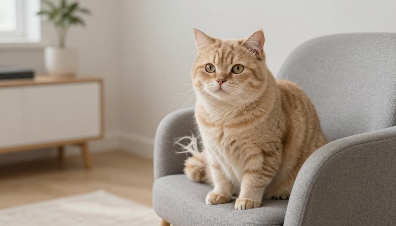 A slightly overweight senior cat sits calmly on a gray armchair in a minimalist Scandinavian living room, with visible dandruff on its back and a peaceful expression under soft natural light.