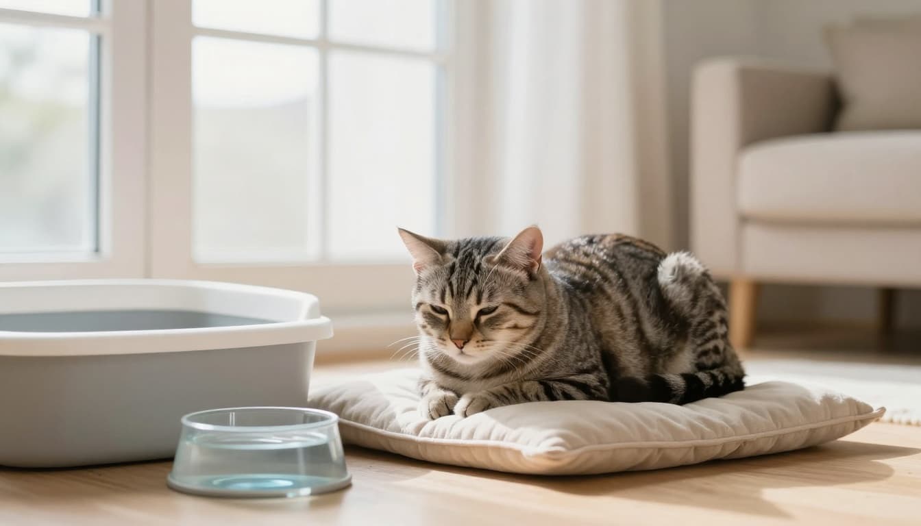 A senior tabby cat showing weakness and lethargy rests quietly on a soft cushion near a low-sided litter box and water bowl in a bright Scandinavian living room.