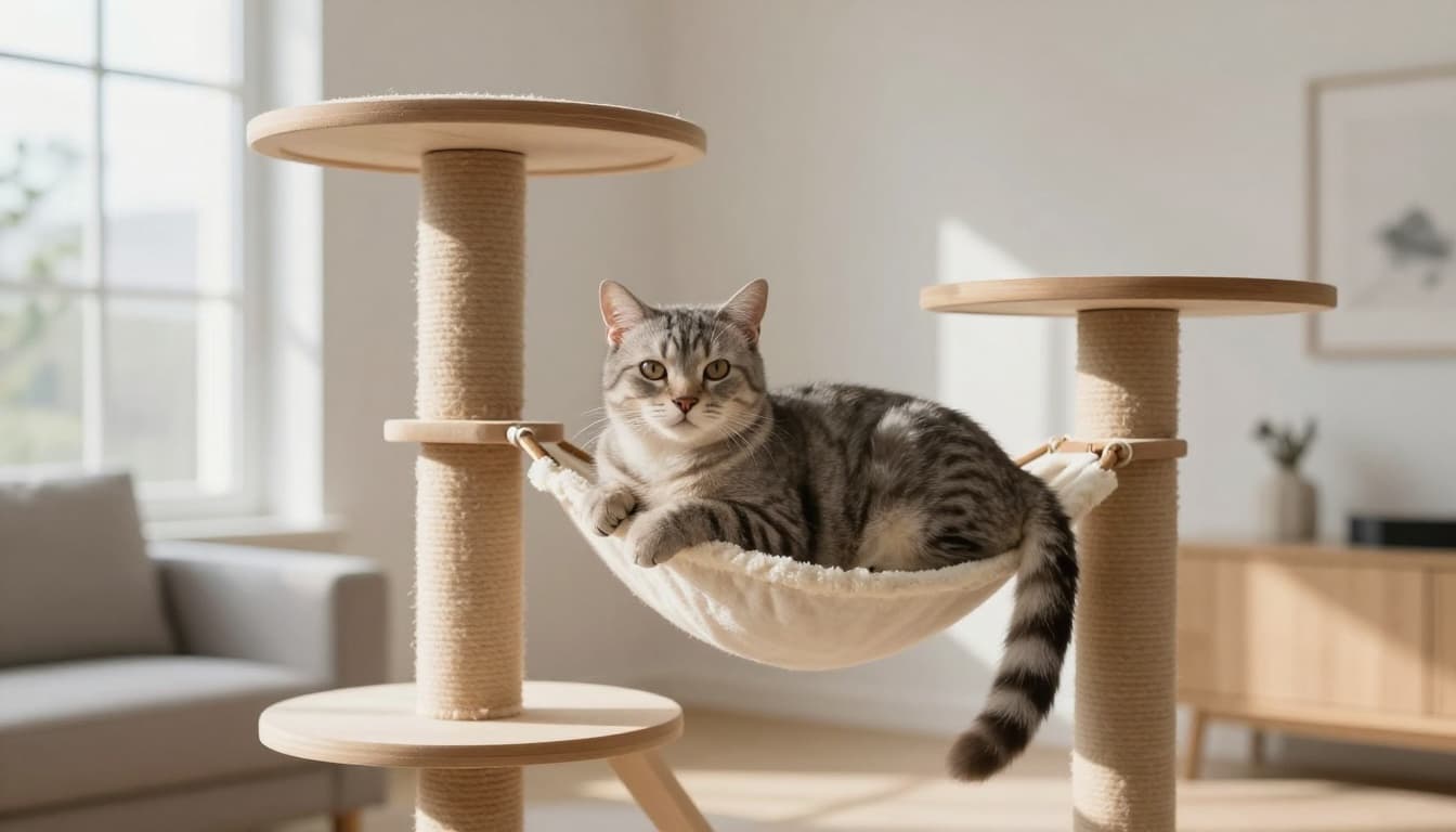 A healthy senior tabby cat with grey fur relaxes contentedly on a premium solid wood cat tree featuring platforms and hammocks, in a bright minimalist Scandinavian living room with natural light and cozy neutral decor.