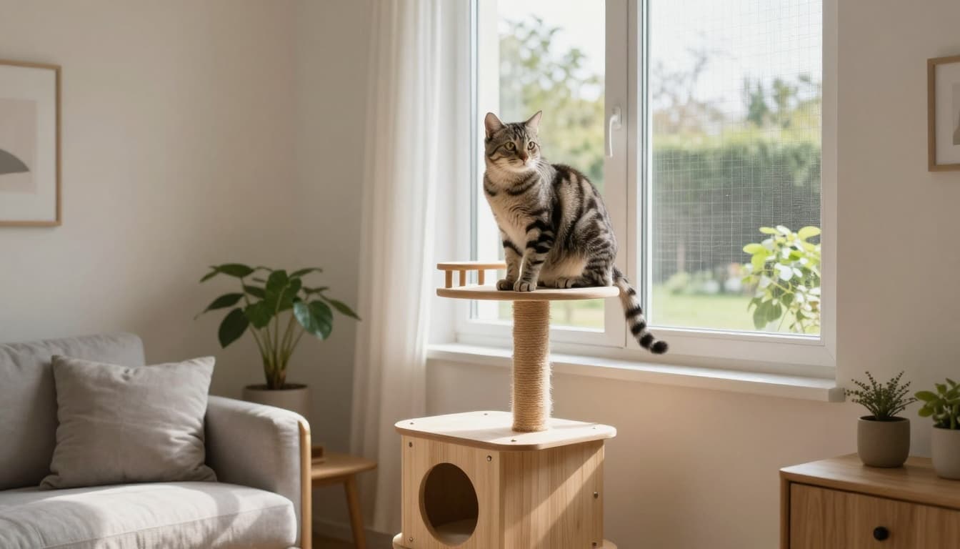 A senior tabby cat perched safely on a sturdy wooden cat tree near a secured window with safety net in a bright Scandinavian living room, curiously gazing at the garden.