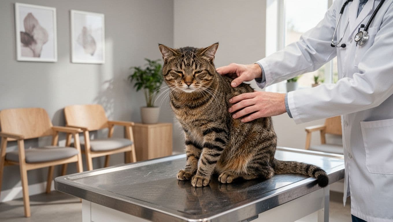 A senior brown tabby cat sits calmly on a vet's table in a modern Scandinavian veterinary clinic waiting area, with a veterinarian's hand gently touching its back amid bright natural light and minimalist decor.