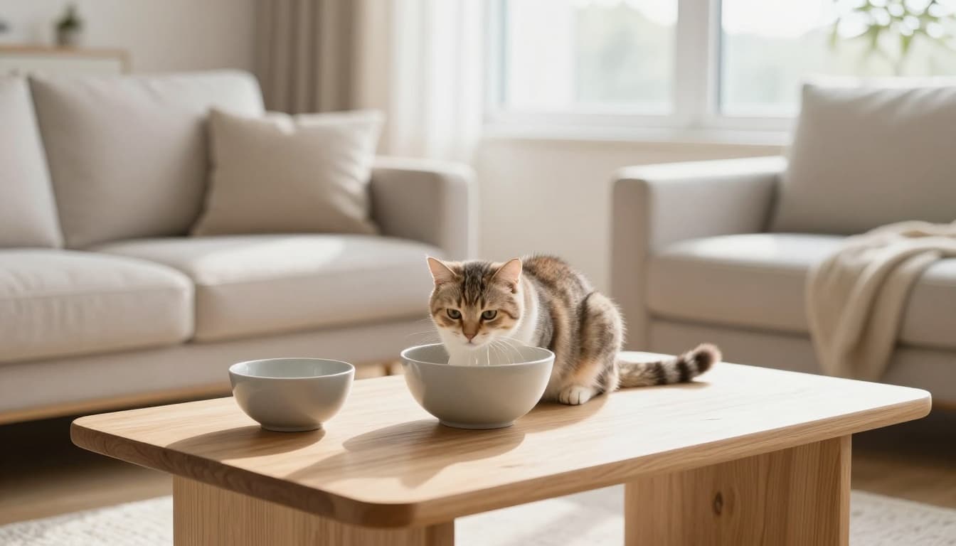 An adult cat drinks fresh water from a bowl and fountain in a bright Scandinavian living room featuring minimalist decor, light wood, neutral beige and gray tones, multiple bowls, clean litter box, and cozy atmosphere with abundant natural light.