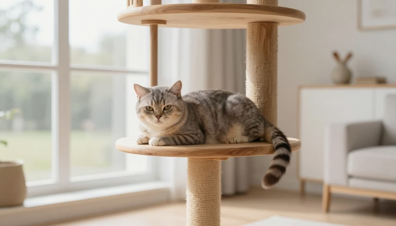 A fit adult cat rests peacefully on a perch of a durable natural wood cat tree in a bright Scandinavian-style room with natural light filtering through large windows and minimalist cozy decor.