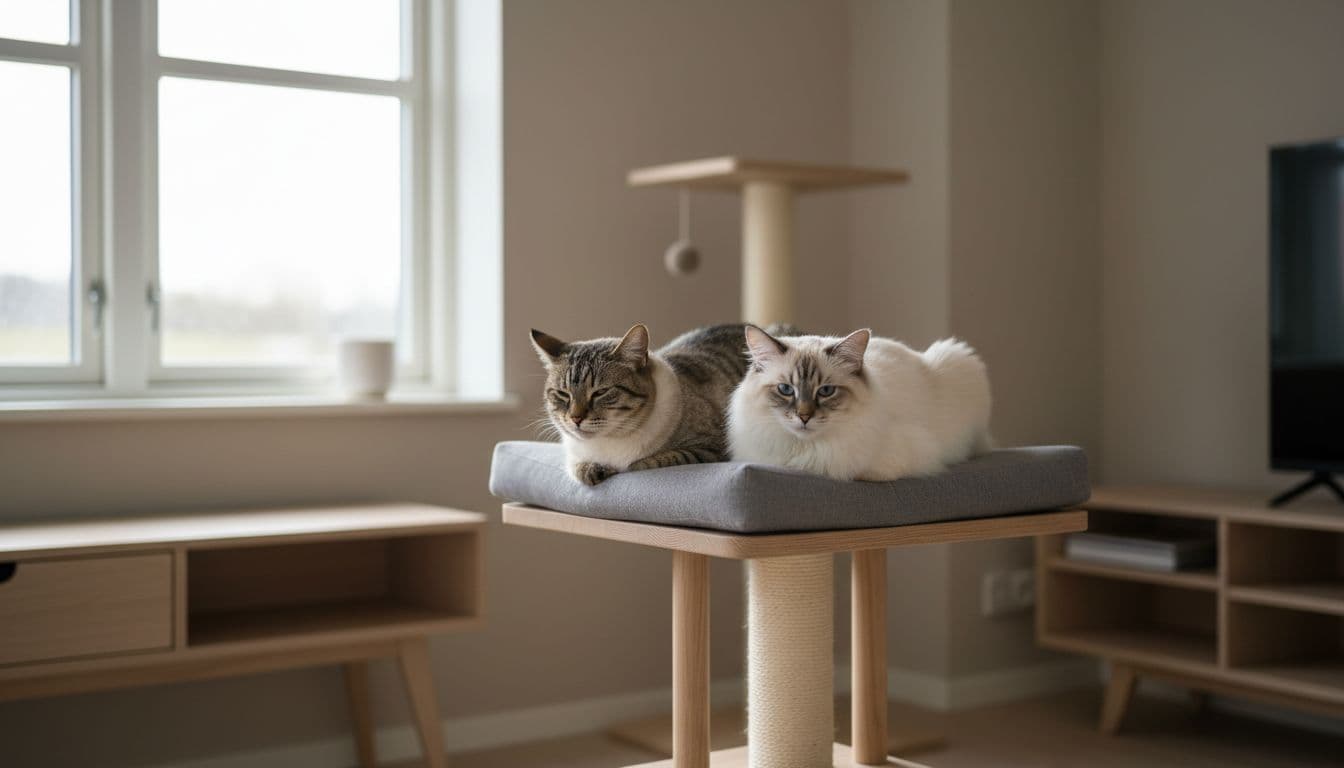 A robust mixed-breed cat and elegant Birman cat rest calmly on a natural wood perch and soft gray cushion in a modern Scandinavian interior bathed in soft morning light, featuring minimalist decor in neutral beige and light gray tones.