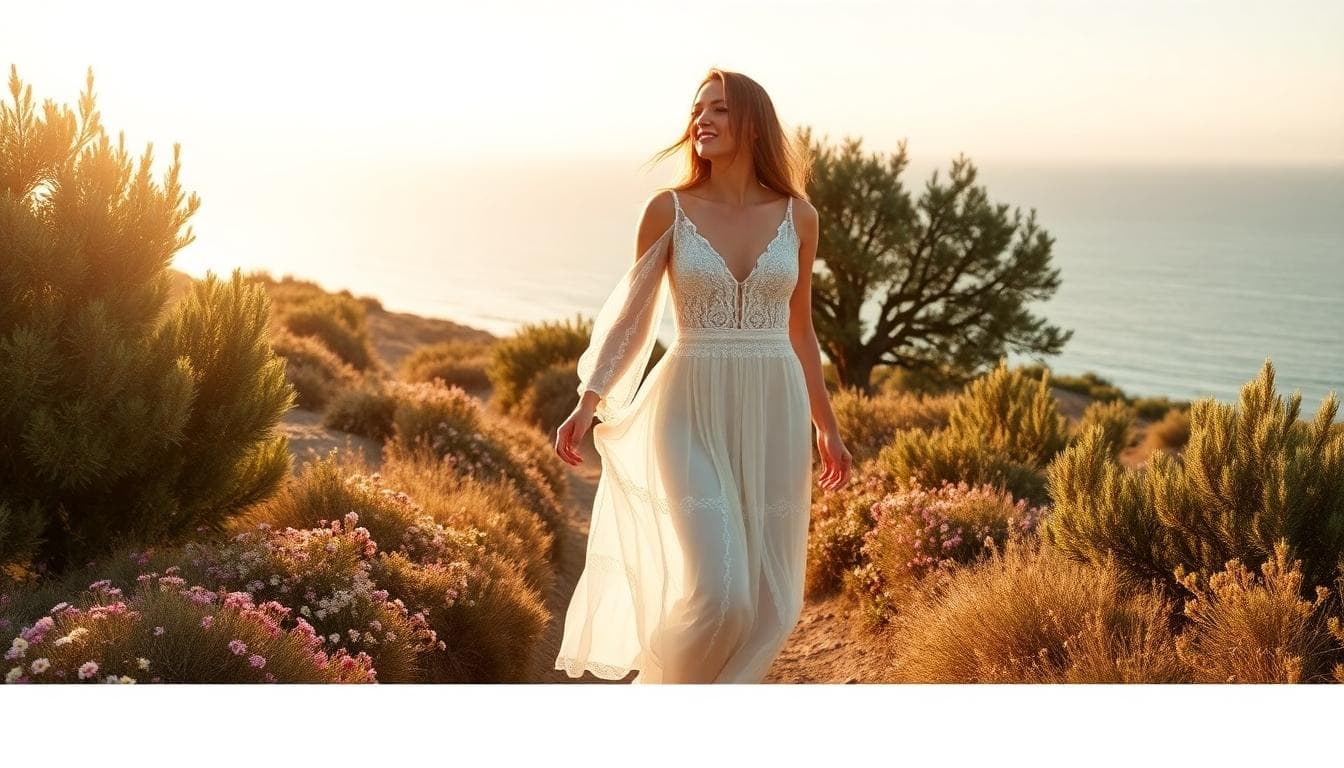 Mariée bohème marchant au lever du soleil en Corse, robe fluide en dentelle, oliviers et mer au loin