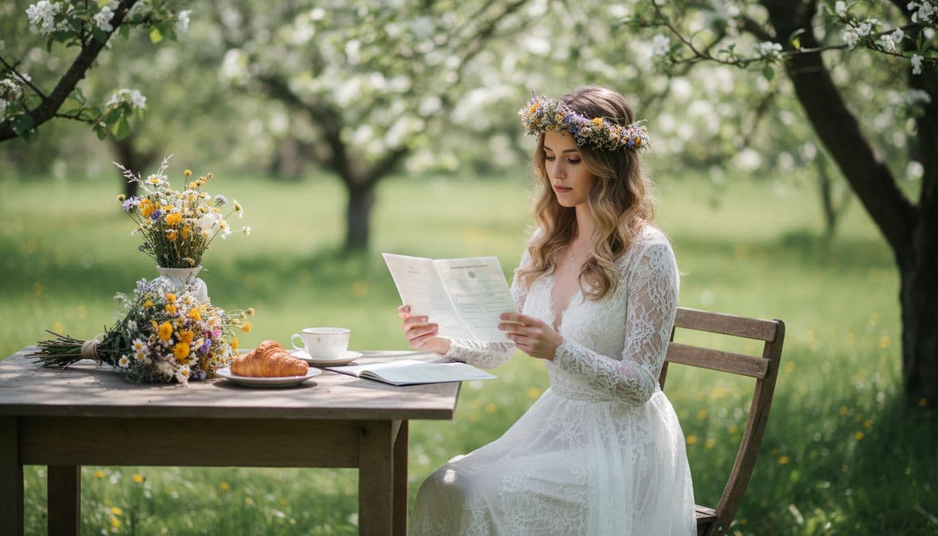 Mariée bohème concentrée sur des documents administratifs dans un jardin fleuri, ambiance douce et sereine. Image créée par IA.