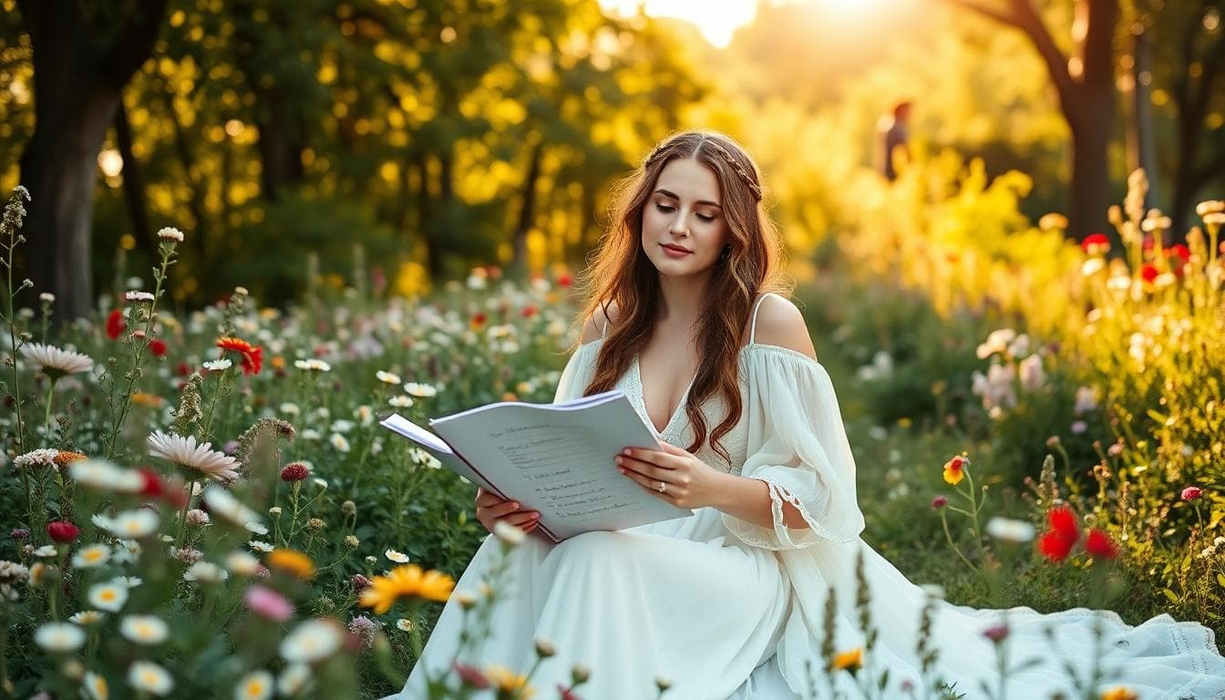 Mariée bohème assise dans un jardin fleuri, tenant un carnet de check-list, lumière dorée