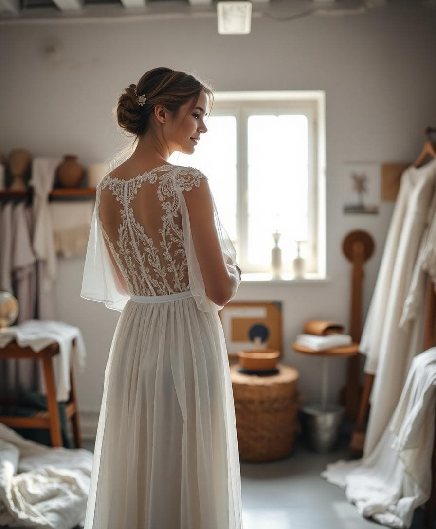 Mariée bohème apaisée essayant une robe en dentelle dans un atelier, lumière naturelle, ambiance calme et confiante