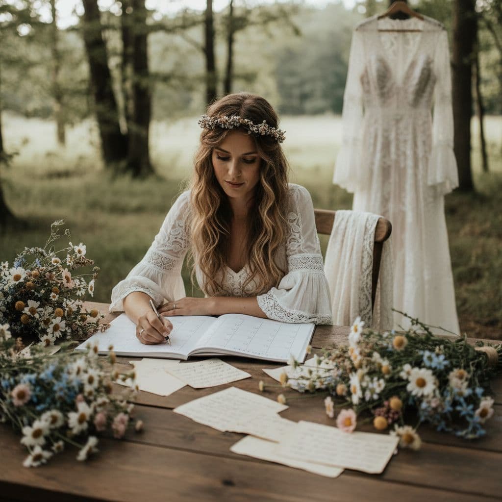 Mariée bohème sereine planifiant un mariage express à une table rustique en extérieur, avec calendrier et fleurs sauvages