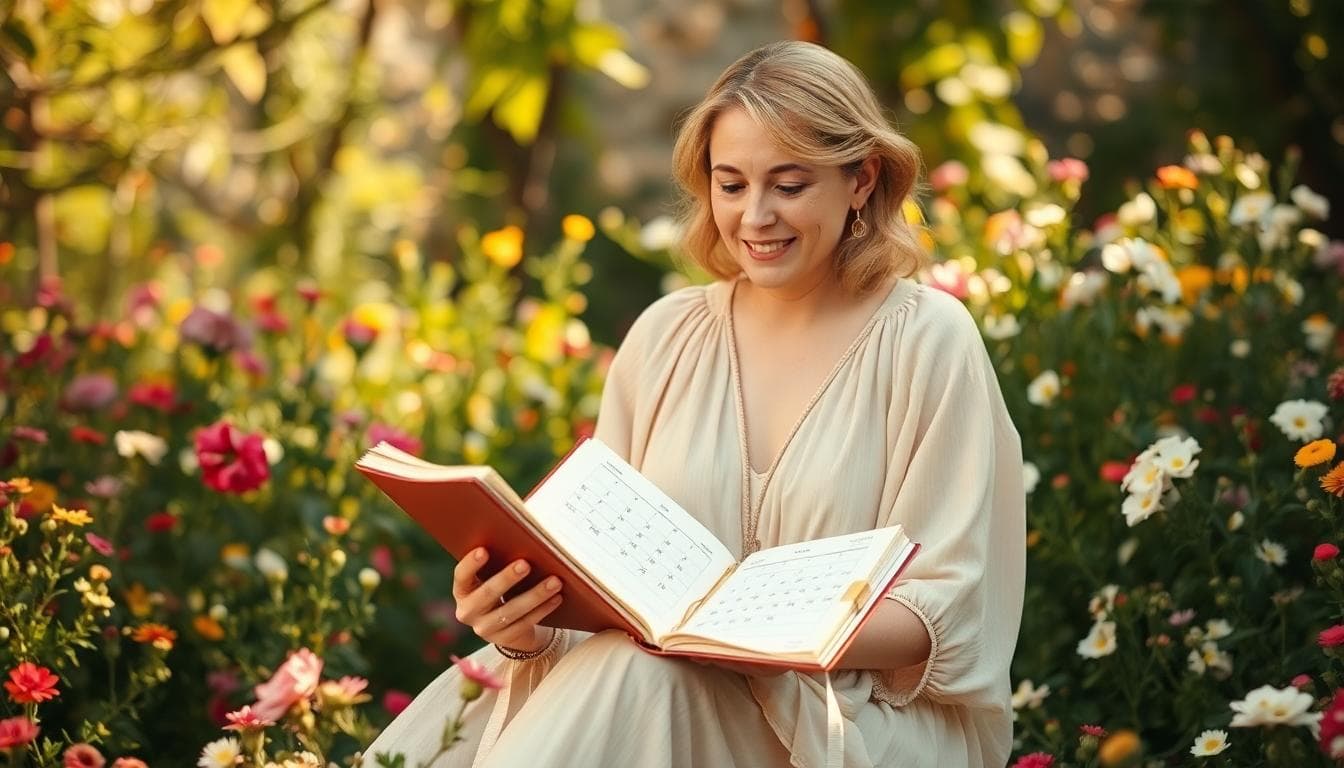 Mariée bohème sereine dans un jardin ensoleillé, carnet et calendrier en main, ambiance naturelle