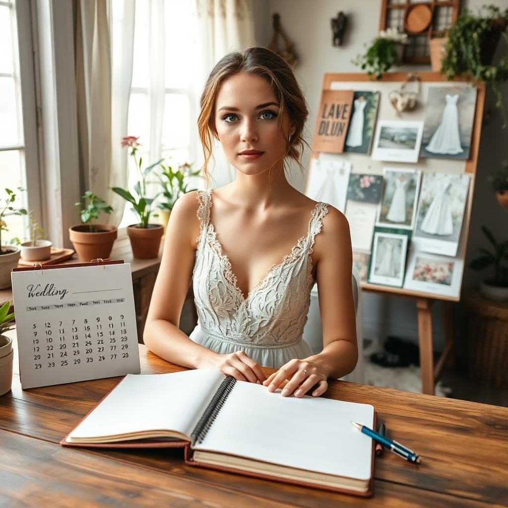 Mariée bohème planifiant son rétroplanning avec un moodboard et un calendrier