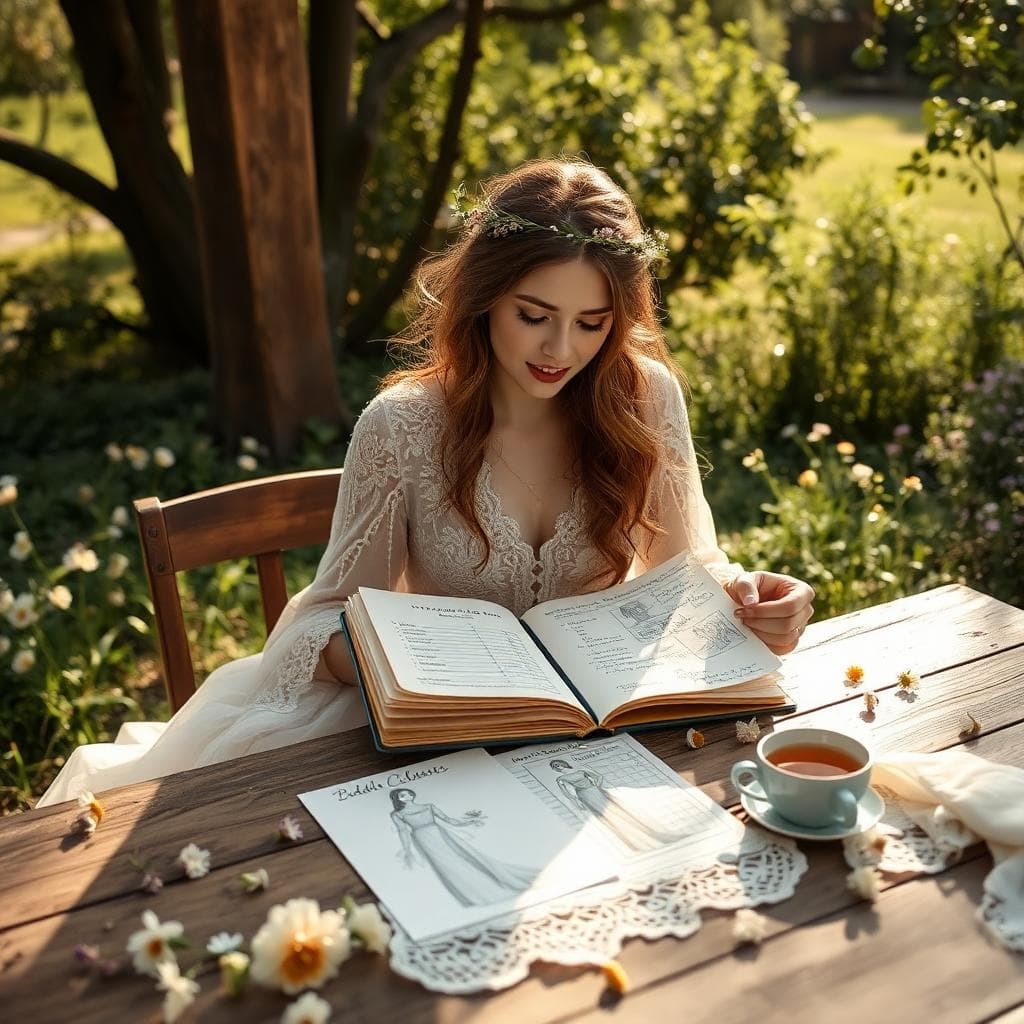 Mariée bohème faisant son budget à une table en bois au jardin, avec échantillons de dentelle et croquis de robes