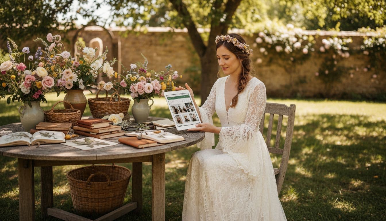 Mariée bohème planifiant son budget photo dans un jardin ensoleillé, ambiance douce et naturelle