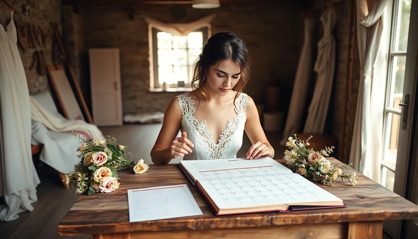 Mariée bohème sereine planifiant le timing de sa robe dans un atelier lumineux avec un calendrier et des fleurs sauvages