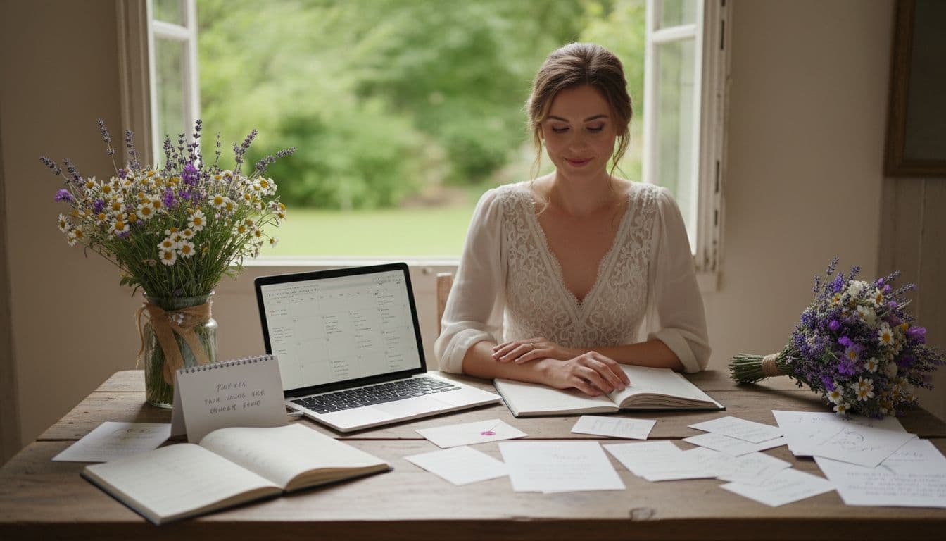 Mariée bohème organisant son planning de mariage à une table rustique, ambiance douce et organisée