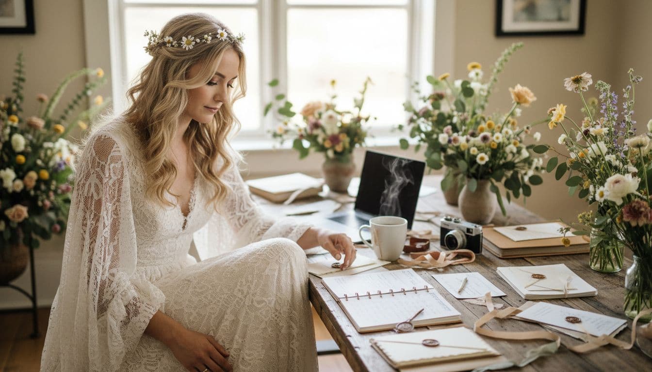 Mariée bohème organisant les invitations et contrats sur une table en bois, ambiance douce et naturelle