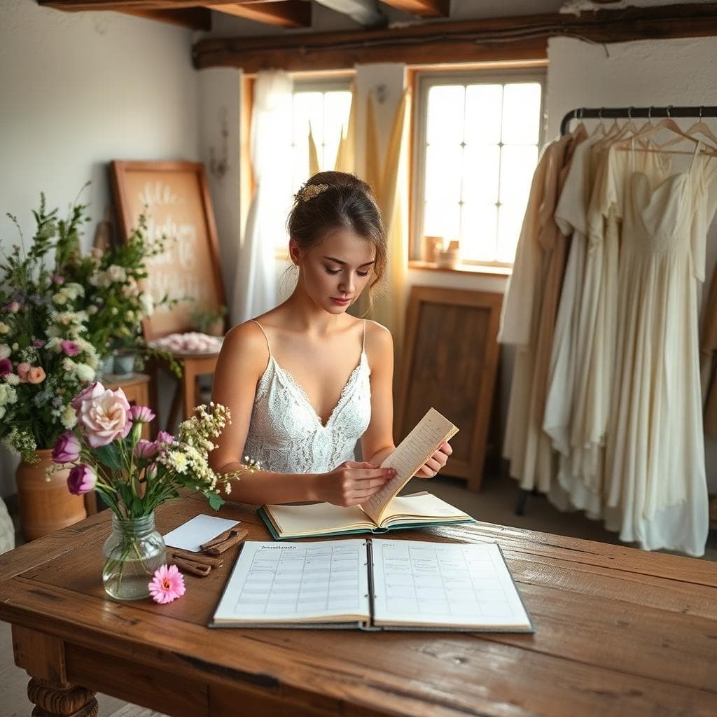 Mariée bohème planifiant sereinement son rétroplanning dans un atelier lumineux, ambiance fleurs sauvages et tissus fluides