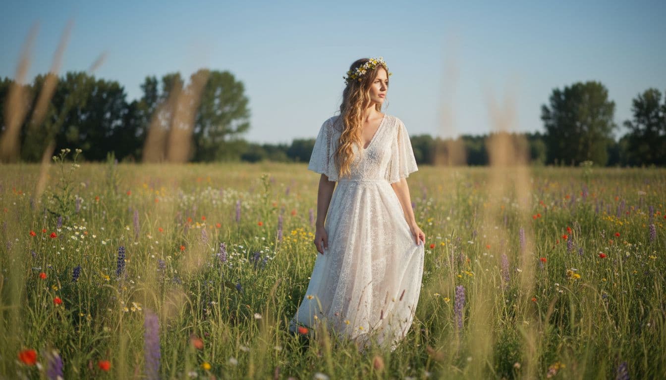 Mariée bohème dans un champ de fleurs sauvages, robe fluide en dentelle, ambiance douce et naturelle