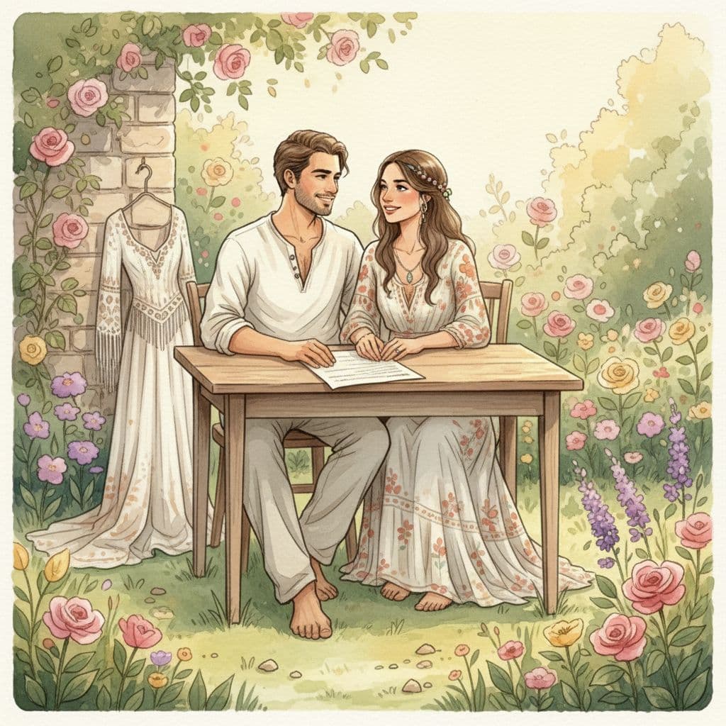 Illustration aquarelle d’un couple bohème discutant d’un contrat de mariage dans un jardin fleuri, ambiance douce et complice. Image created with AI