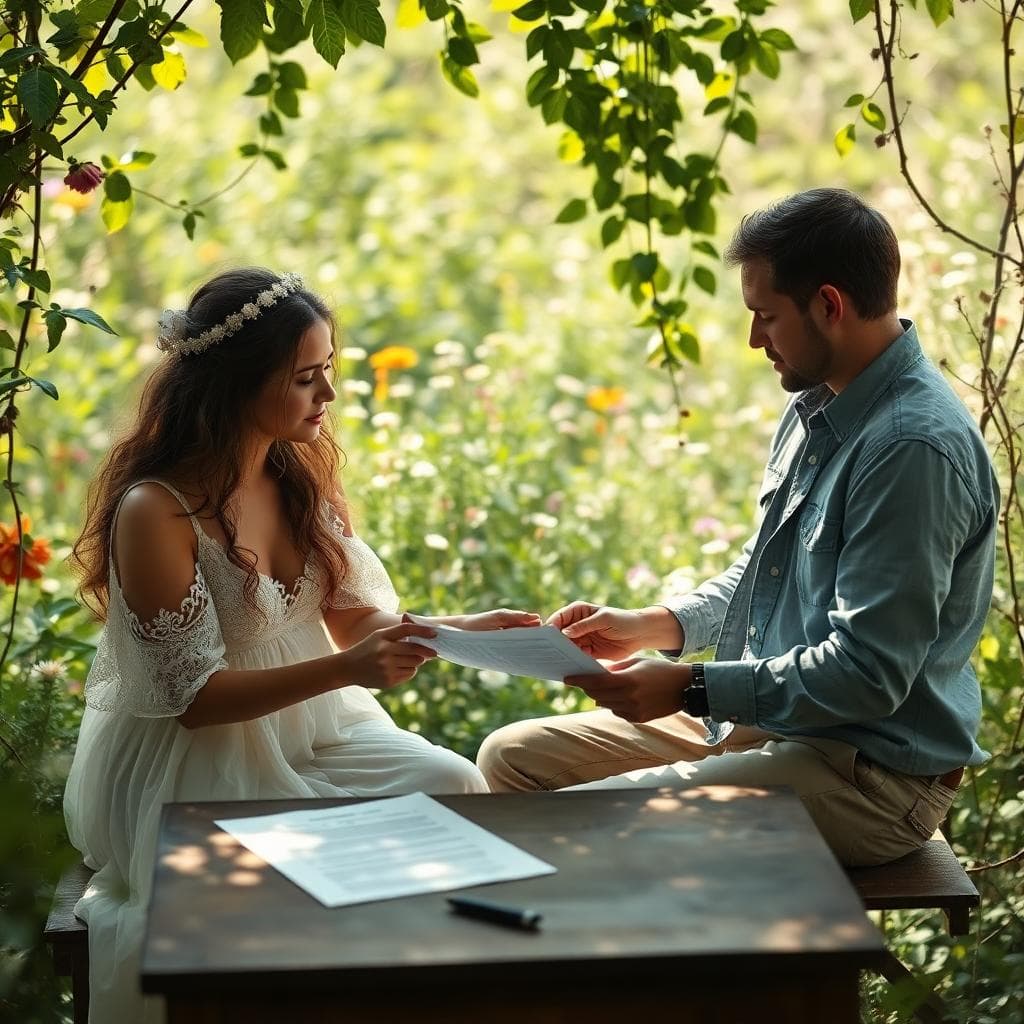 Couple bohème relisant sereinement des documents de contrat de mariage dans un jardin, ambiance douce et rassurante