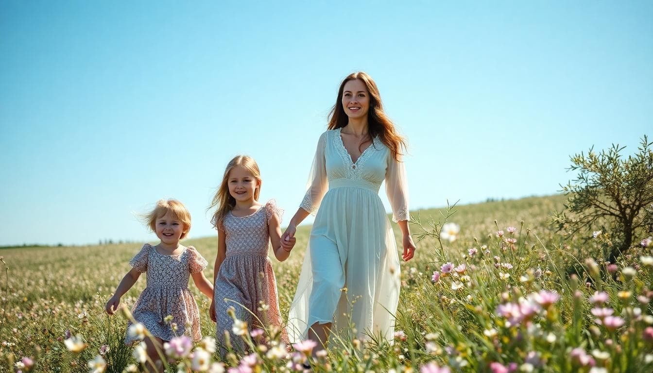 Scène familiale bohème en extérieur, mère et trois enfants dans un champ fleuri corse
