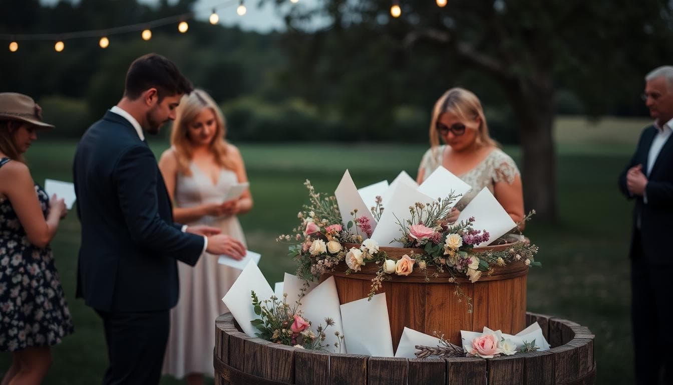 Scène de mariage bohème en campagne avec une urne en bois pour enveloppes, ambiance douce et discrète