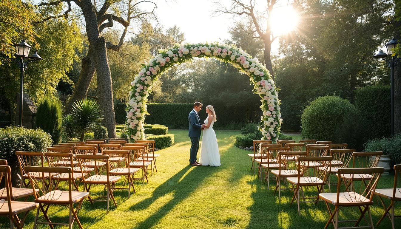 Une scène sereine d'un jardin familial pour une cérémonie de mariage laïque bohème, avec un arc de fleurs, des chaises en bois disposées en demi-cercle, un couple en tenues fluides au centre, lumière naturelle douce du soleil filtrant à travers les arbres, ambiance romantique et intime, style réaliste avec couleurs pastels et tons verts, haut niveau de détail, sans texte, ratio d'aspect paysage.