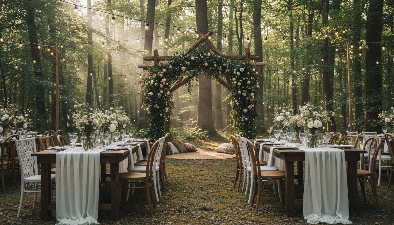 Réception de mariage bohème dans un jardin, tables en bois, fleurs sauvages et arche végétale, lumière douce en fin de journée. Image created with AI