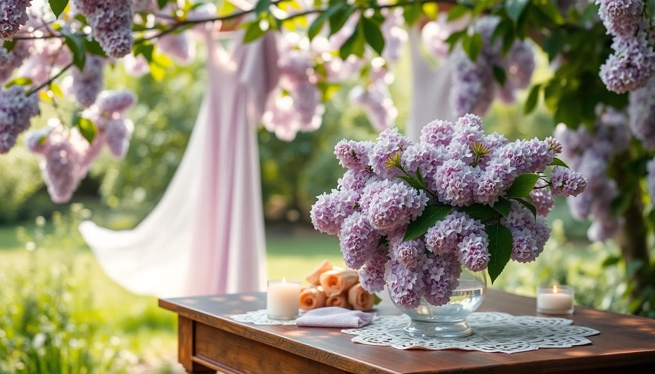 Scène de jardin bohème avec lilas en fleurs, robe fluide suspendue et lumière douce