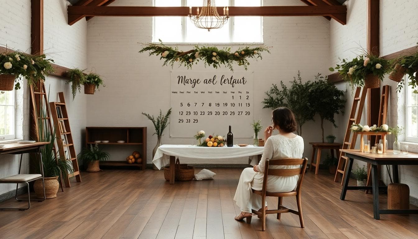 Planification bohème d’un mariage à l’automne, couple choisissant une date et une salle communale décorée simplement