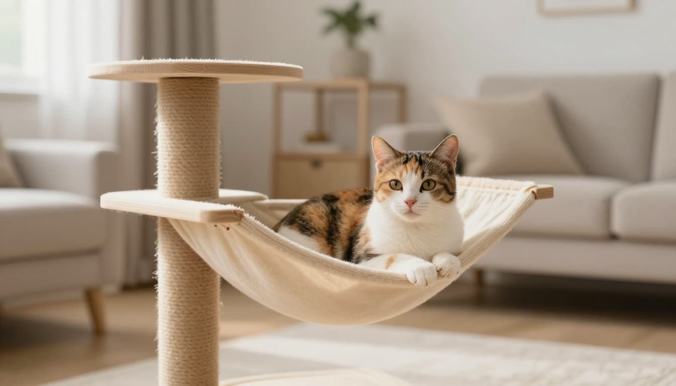 A female calico cat sits calmly in a cozy nook of a premium Meowood-style cat tree hammock within a light-filled Scandinavian apartment living room. Soft natural light and minimalist beige wood elements create a relaxed, peaceful mood evoking post-recovery comfort.