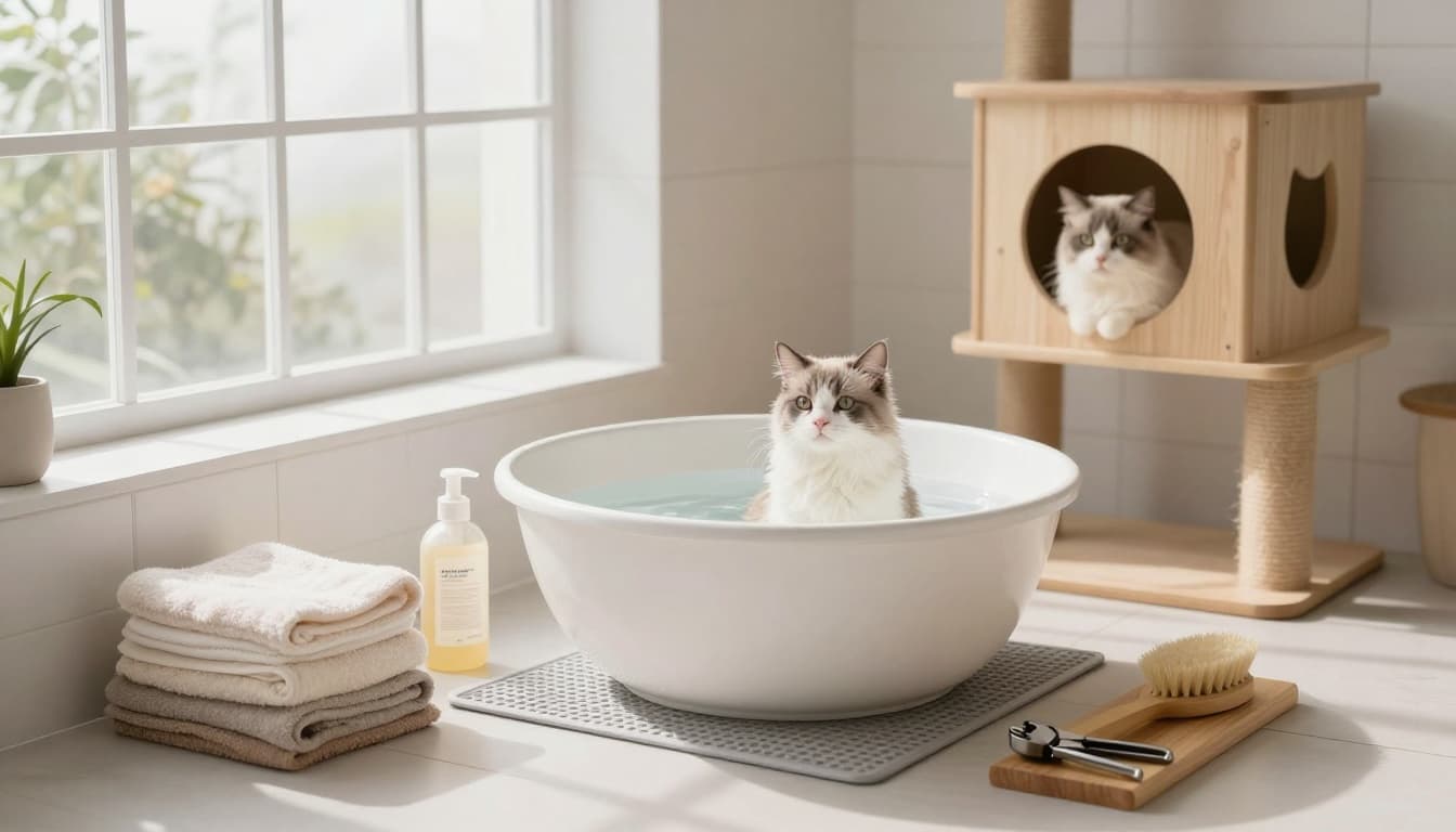 A caring owner prepares a peaceful cat bath station in a bright modern Scandinavian bathroom filled with natural light, featuring a basin of warm water, non-slip mat, shampoo, towels, brush, and claw clippers, while a fluffy cat watches curiously from a premium wooden cat tree.