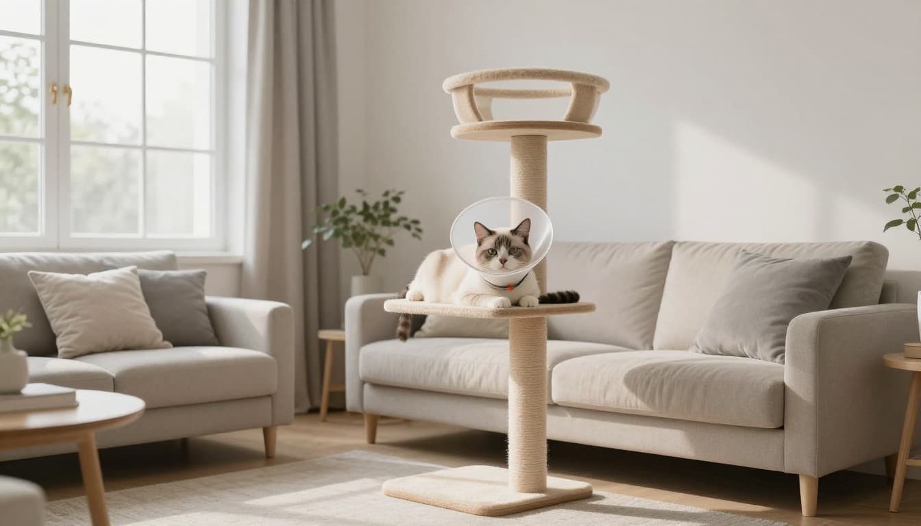A relaxed cat wearing a comfortable cone collar after sterilization rests calmly on a premium Meowood cat tree in a bright, cozy Scandinavian living room with minimalist neutral decor and soft natural light.