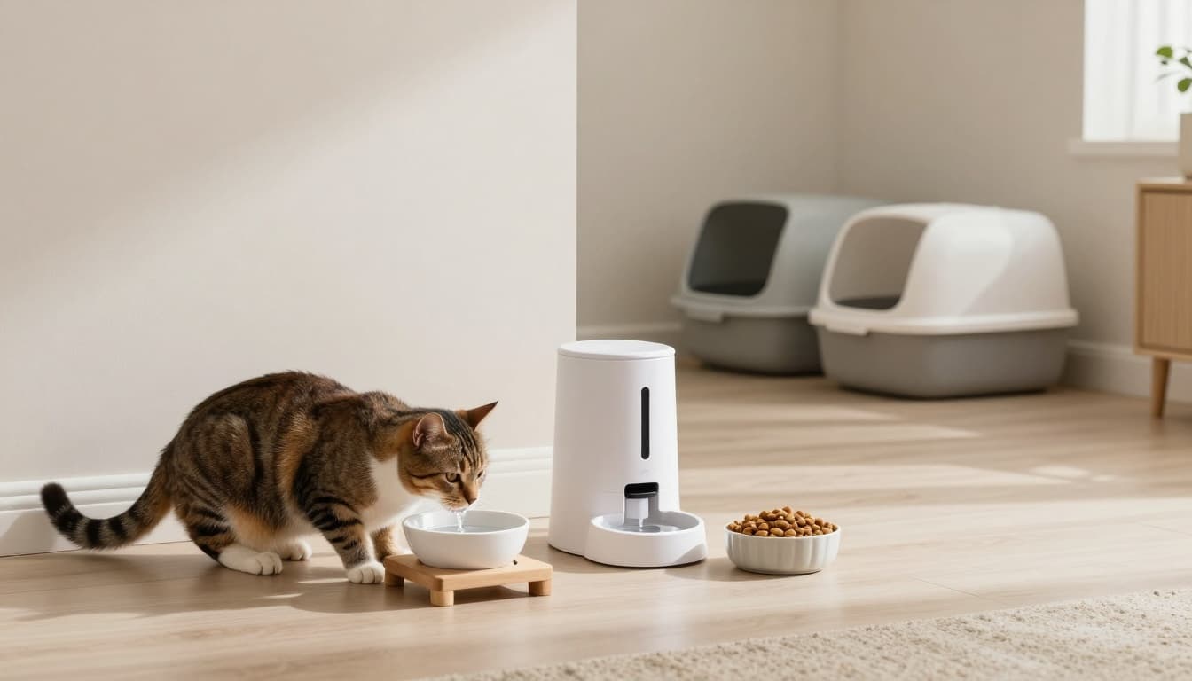 A serene adult cat drinks fresh water from one of two elevated bowls on a light wooden stand in a bright Scandinavian minimalist living room, featuring an automatic food dispenser, kibble bowl, and discreet litter boxes.