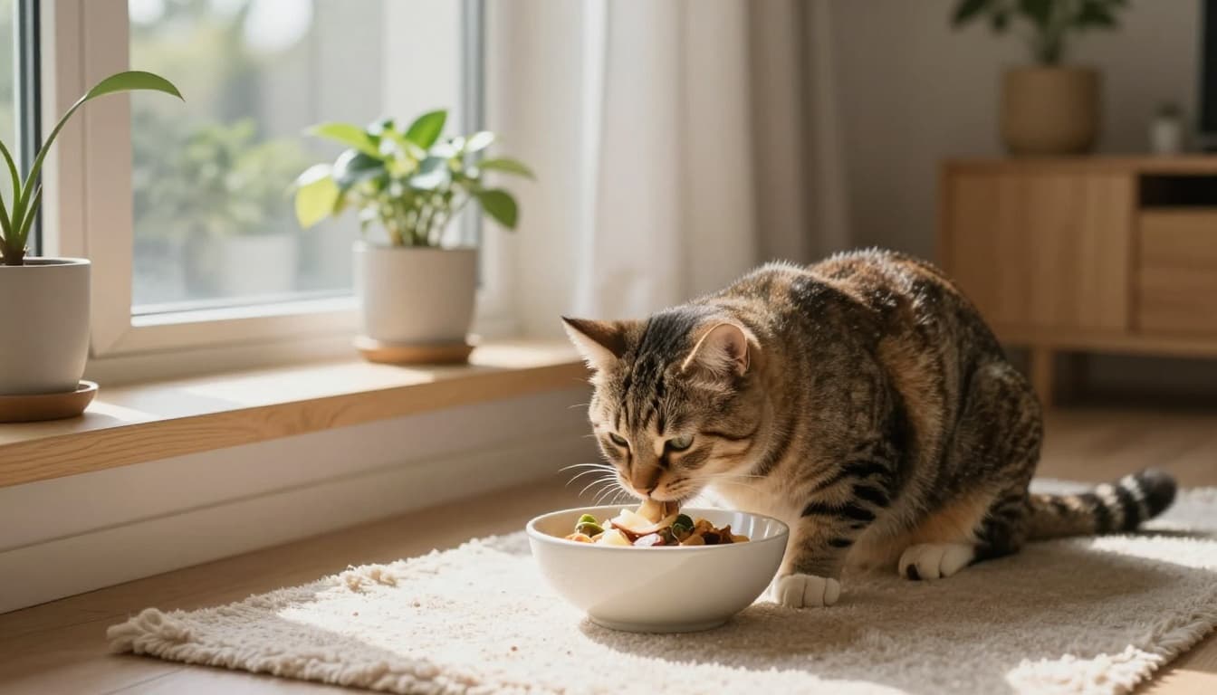 A serene adult cat peacefully eats a moderate meal from a bowl on a beige rug in a bright, natural-light-filled Scandinavian interior with minimalist decor, light wood, plants, and a premium cat tree near a window with blurred view. Warm neutral tones create an elegant, reassuring mood in this high-quality realistic lifestyle photograph.