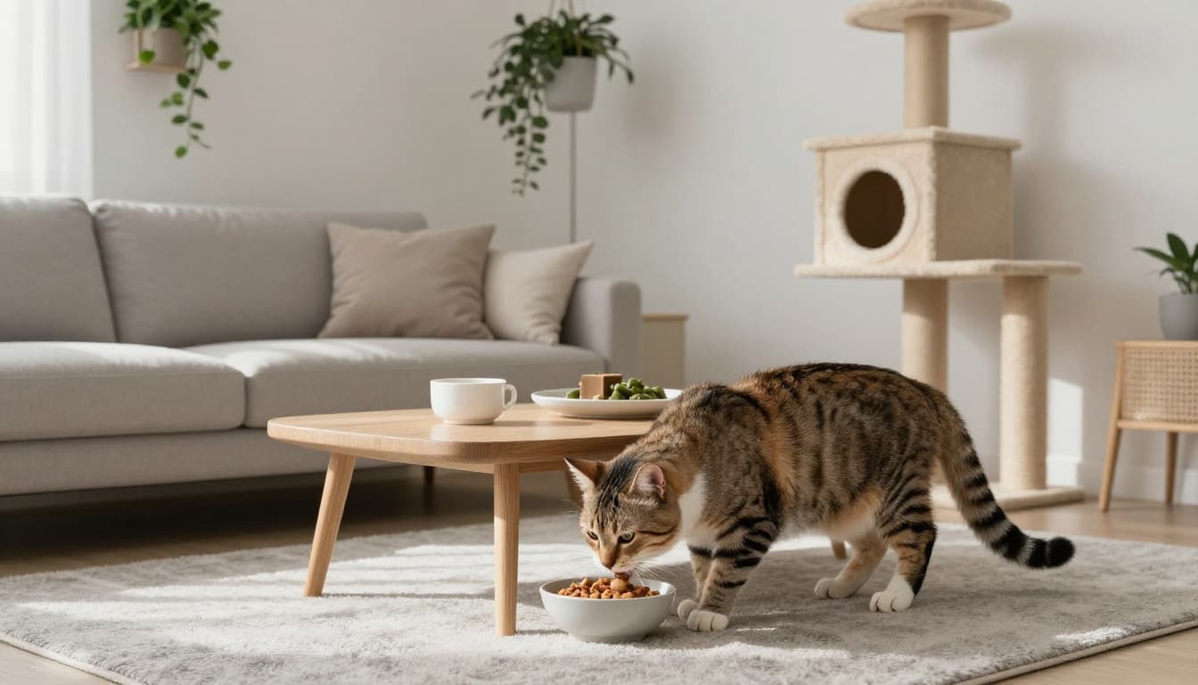 Sunlit premium Scandinavian living room features minimalist cozy decor with neutral tones, soft gray rug, hanging plants, and natural wood. A healthy adult cat calmly eats a weighed portion from a bowl on the coffee table near a stable cat tree, captured in high-quality realistic photo with sharp focus on the content cat.