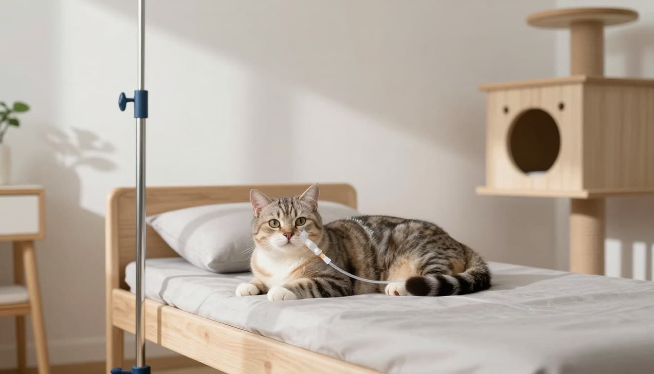 In a bright minimalist Scandinavian vet clinic, a cat with an esophageal feeding tube lies comfortably on a padded bed next to an IV stand, as a gentle vet hand adjusts the tube, evoking a cozy, serene atmosphere with natural light and neutral tones.