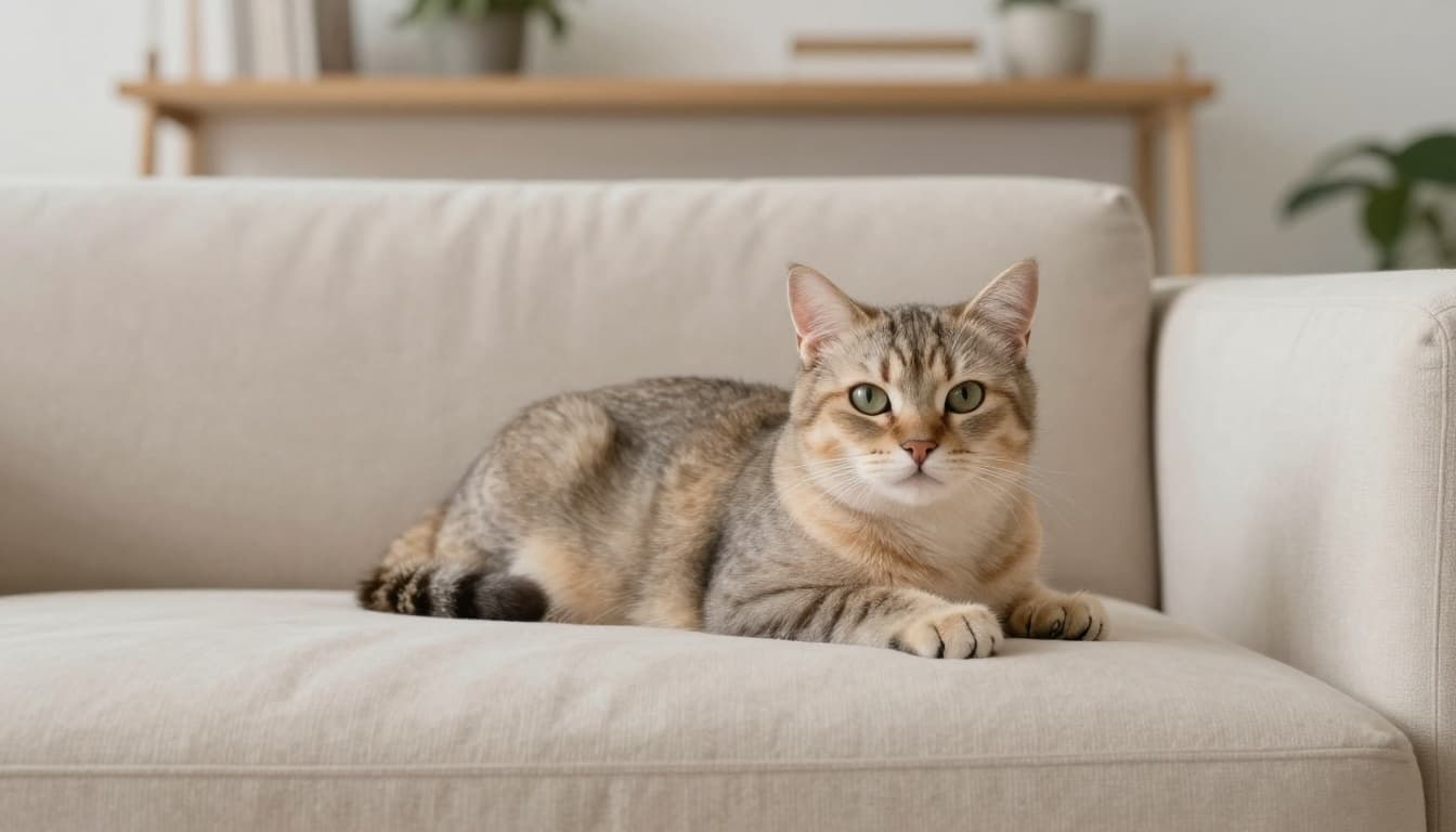 A person gently caresses a serene cat on a beige sofa in a modern, light-filled Scandinavian living room. Natural light highlights the cat's silky fur and peaceful gaze amid minimalist decor with light wood shelves and subtle green plants.