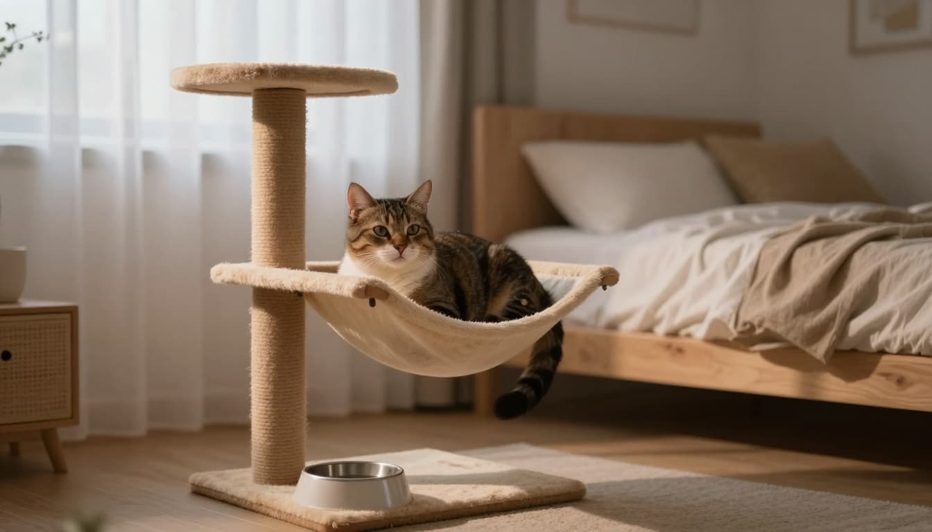 An adult cat relaxes calmly on a premium cat tree hammock in a cozy Scandinavian bedroom at dusk, bathed in soft evening light with minimalist decor.