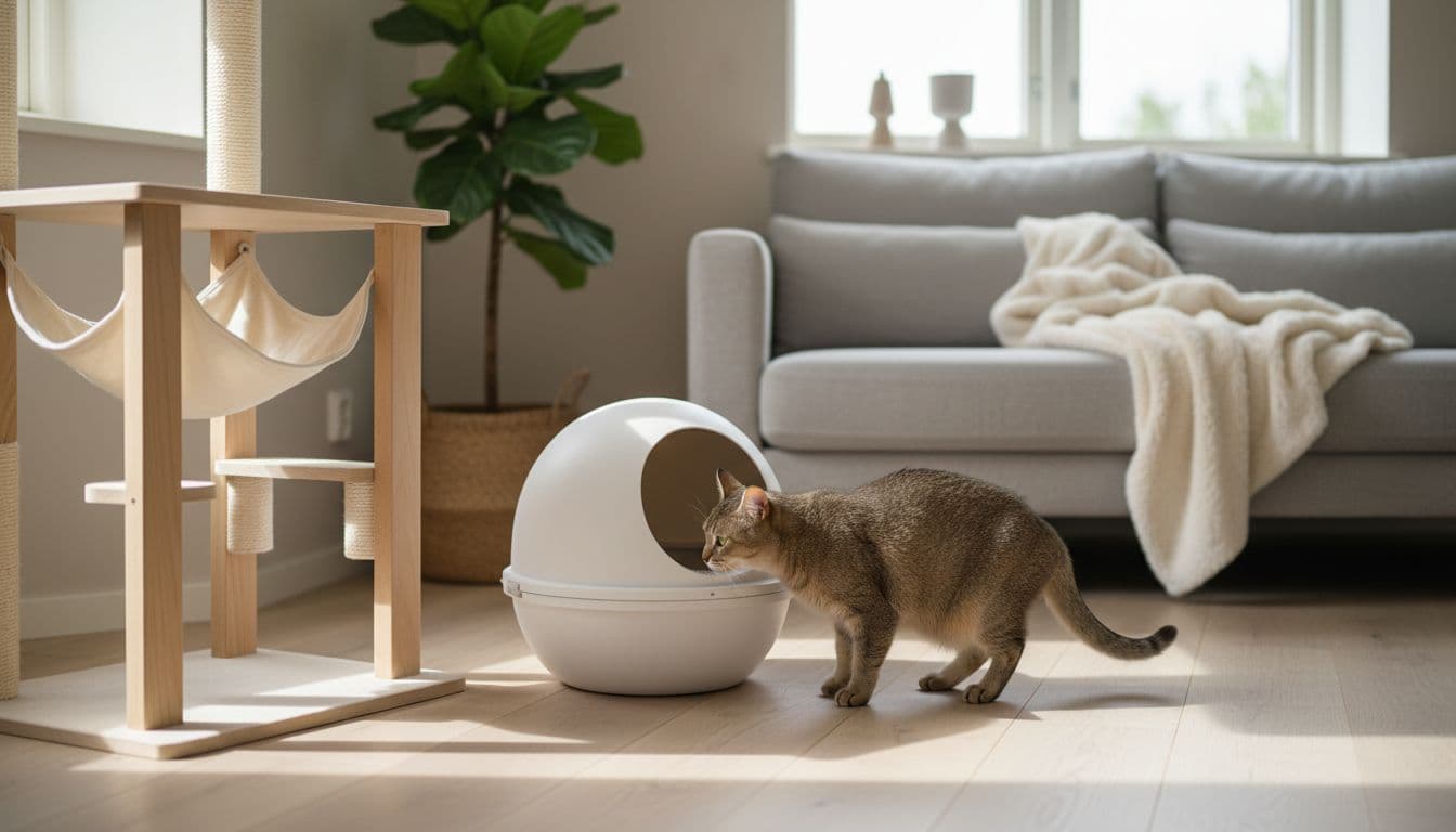A serene adult cat curiously inspects a clean modern litter box in a bright Scandinavian-style living room corner next to a premium wooden cat tree.