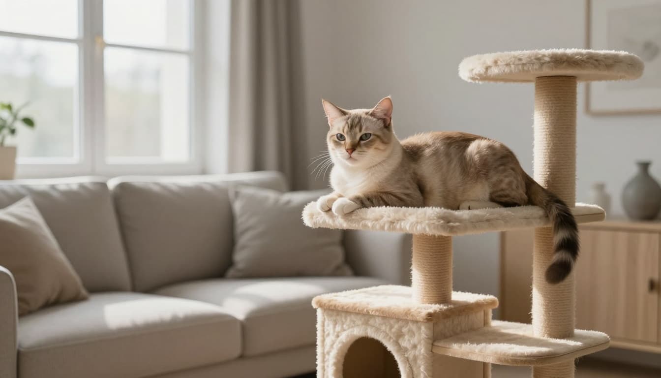 In a cozy Scandinavian living room with soft natural light and minimalist beige-grey decor, a serene young female cat relaxes peacefully on a premium Meowood cat tree.