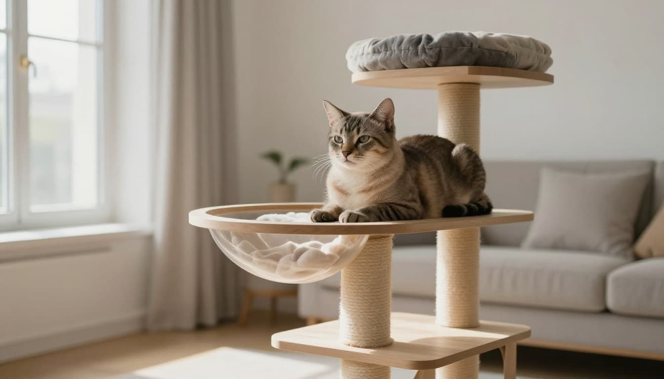 In a bright Scandinavian living room with natural light and minimalist decor, a serene adult cat relaxes calmly on a premium Meowood cat tree.