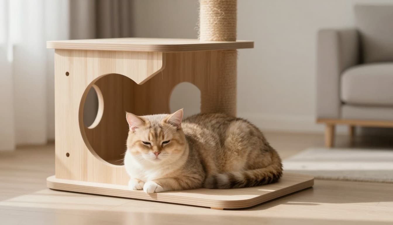 A serene adult cat curled up peacefully near a premium minimalist light wood cat tree in a bright, cozy Scandinavian interior with neutral tones and natural light.