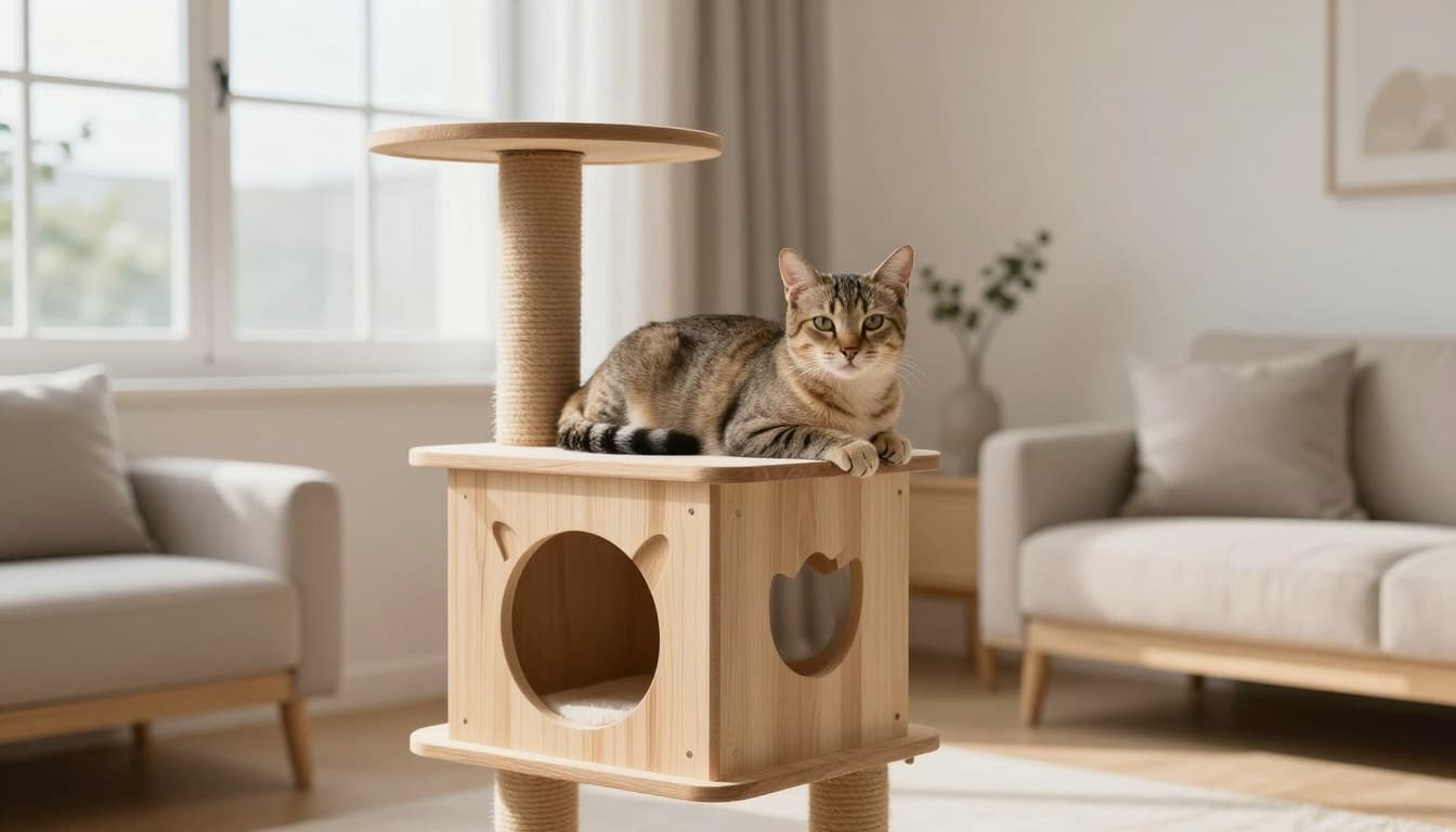 A serene domestic cat rests comfortably on a stylish solid wood cat tree in a modern Scandinavian living room with bright natural light and minimalist decor.